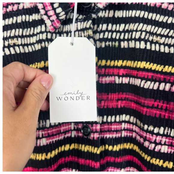 Emily Wonder Multicolor Ribbed Button up Shirt S Long Sleeve Collared Boho Retro - Picture 3 of 11